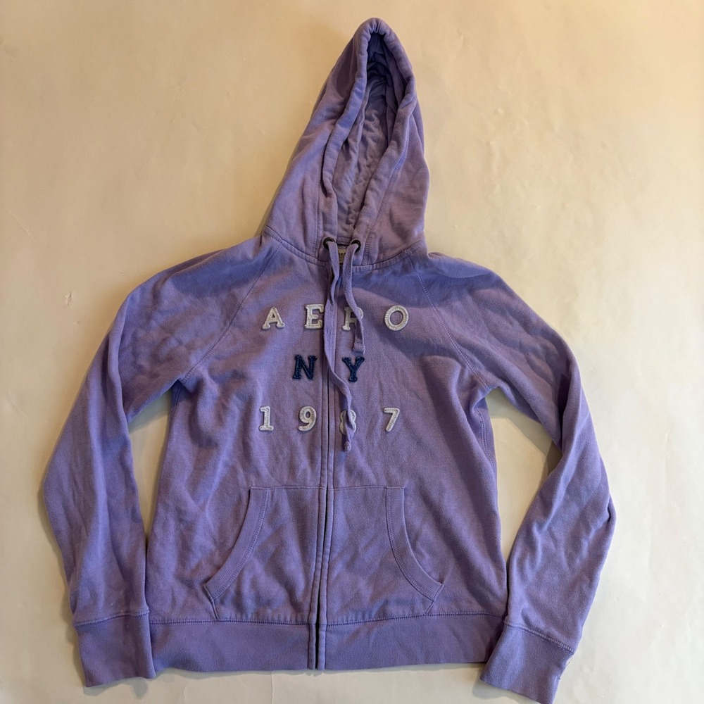 Aeropostale Womens Purple Aero NY 1987 Full Zip Graphic Hoodie Size M